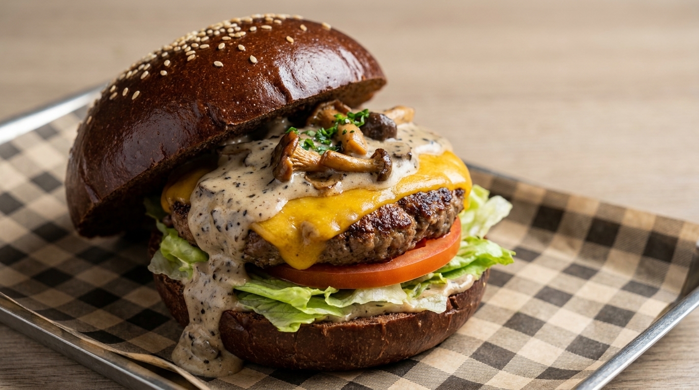Gourmet burger z kremowym sosem truflowo-grzybowym