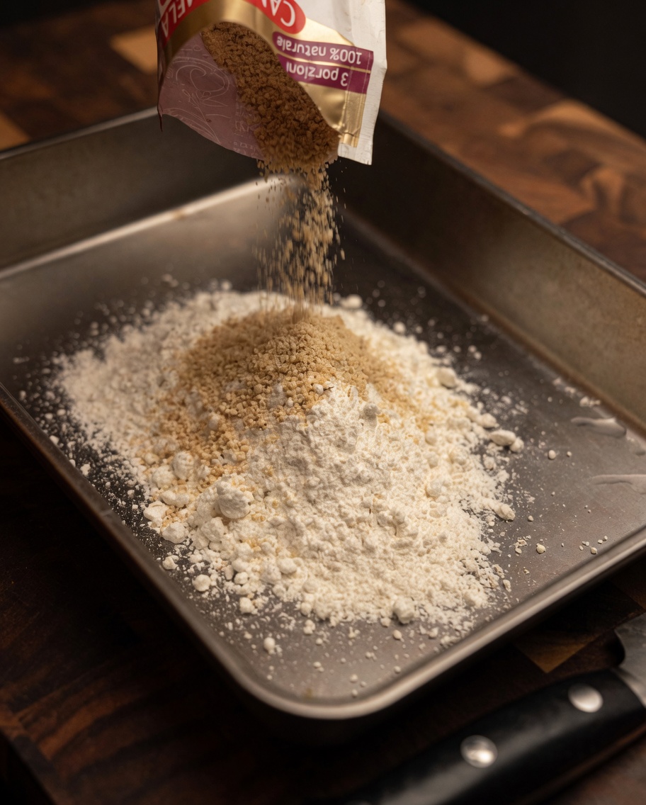 Mieszanka mąki, bułki tartej i przypraw w metalowej tacy ze świeżo startym serem Parmesan.