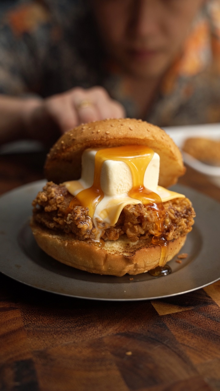 Burger z lodami i smażonym kurczakiem