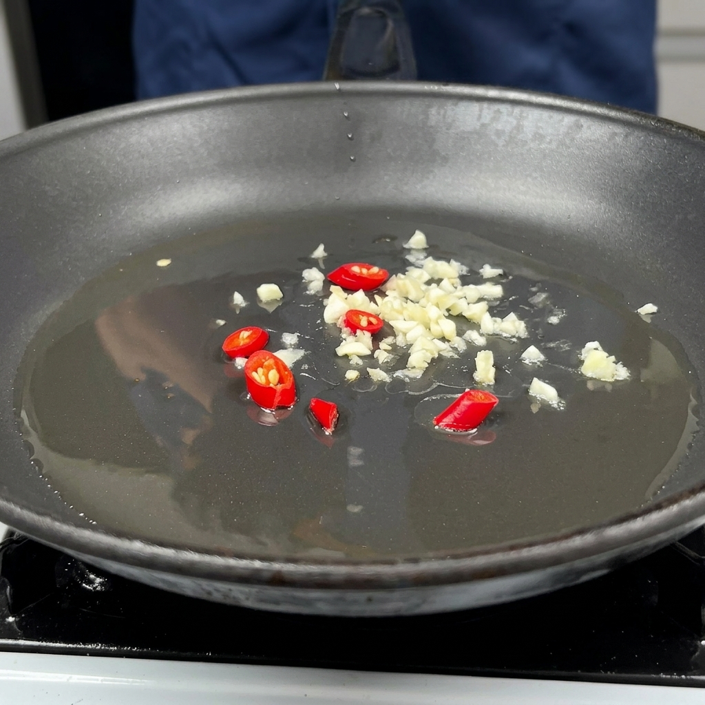 Patelnia z gorącym olejem, na której smaży się posiekany czosnek, czerwona cebula i chili.