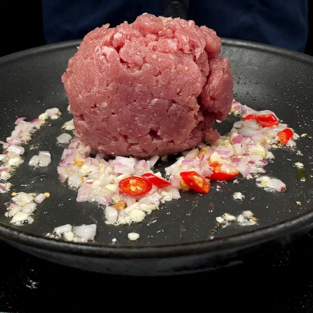 Mielona wieprzowina dodawana do patelni z podsmażonym czosnkiem, chili i cebulą.