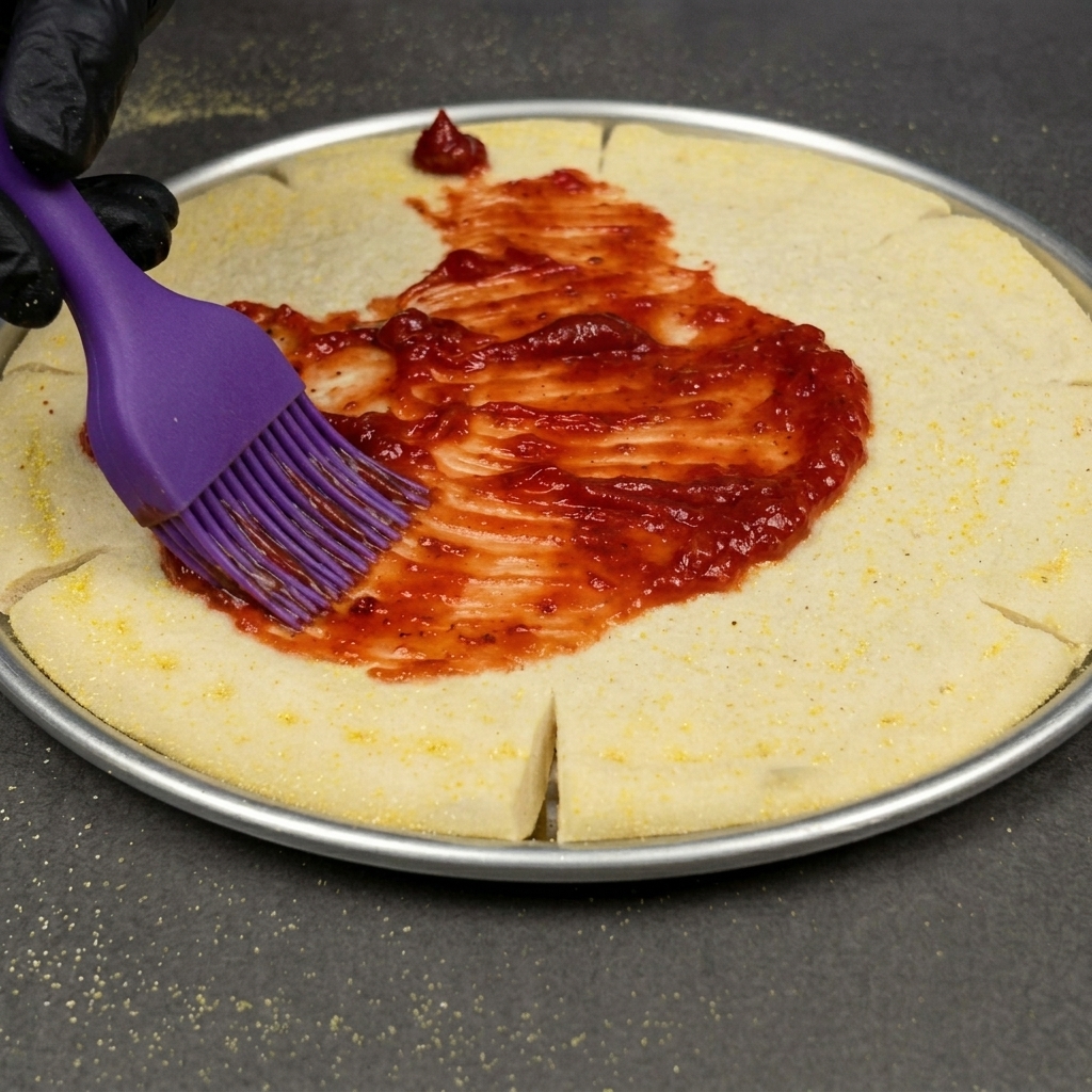 Silikonowy pędzelek rozprowadzający czerwony sos na środku ciasta do pizzy.