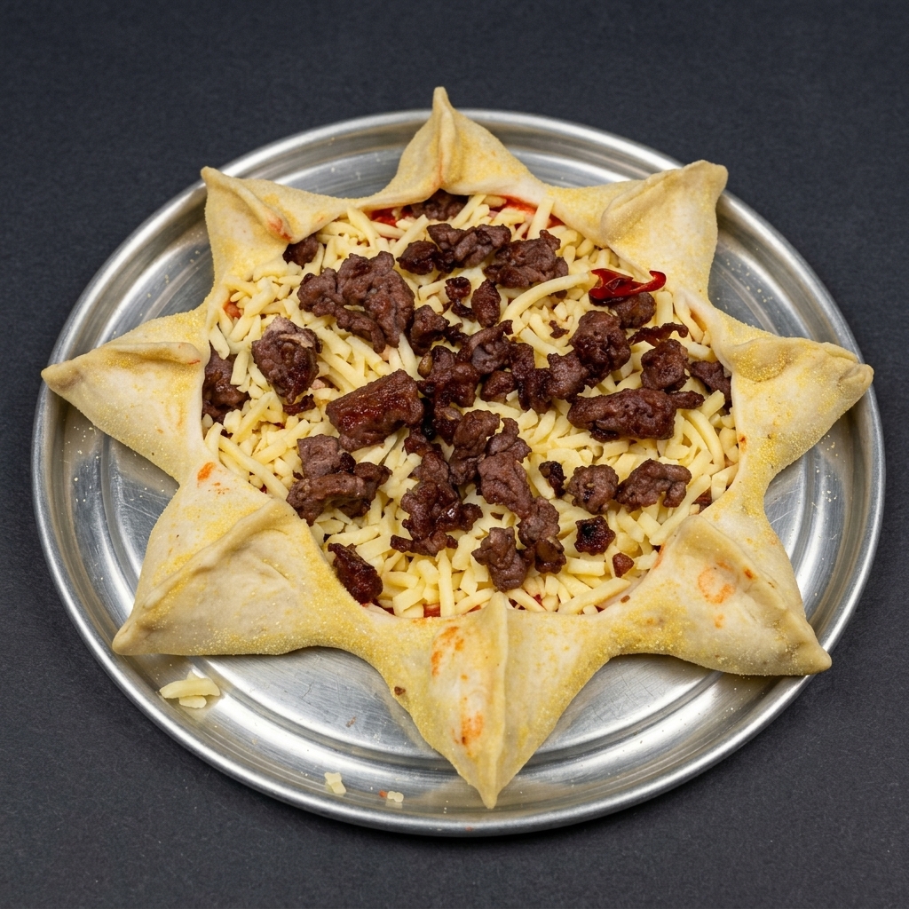 Pizza w kształcie gwiazdy wypełniona serem, wieprzowiną, pieczarkami i pomidorkami, gotowa do pieczenia.