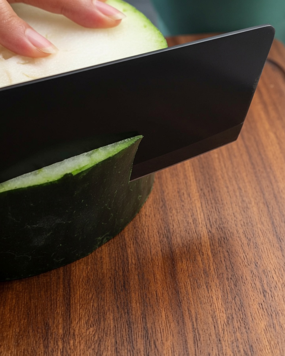 Czarny nóż kuchenny kroi świeży melon zimowy na desce.