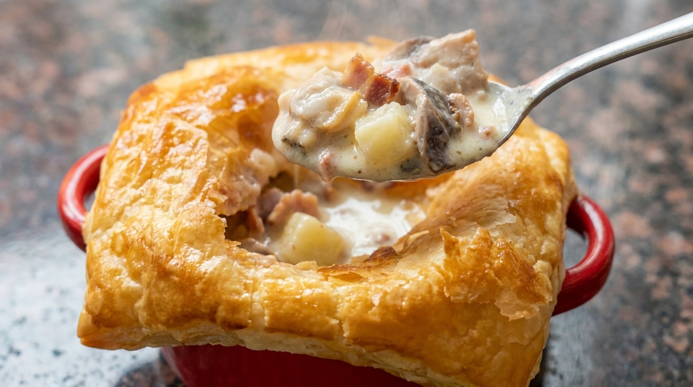 Kremowy chowder z małżami pod złotym ciastem francuskim