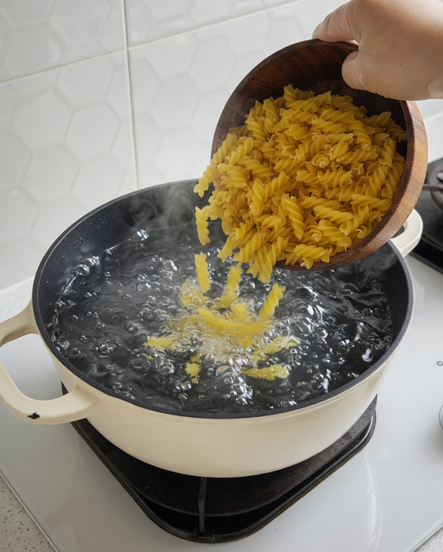 Makaron fusilli wsypywany do dużego garnka z wrzącą wodą.