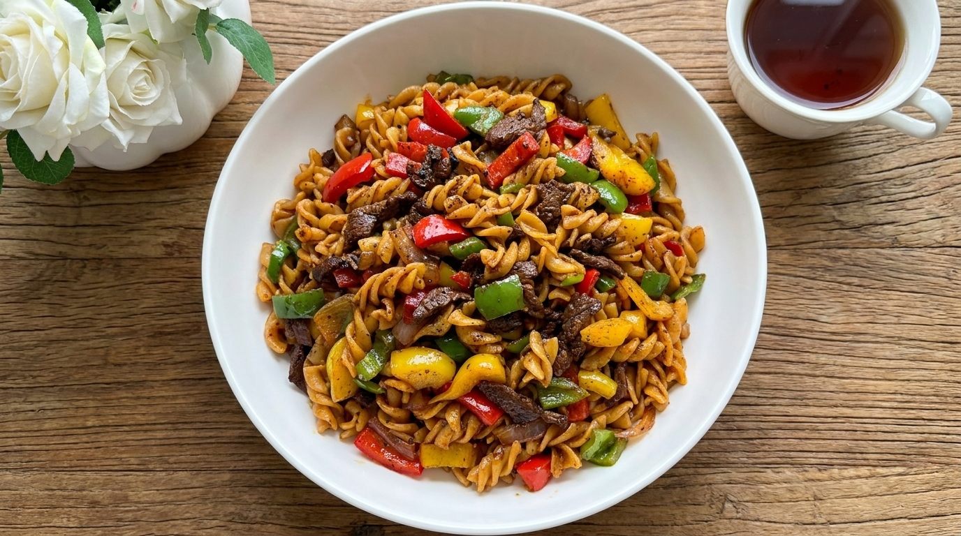 Fusilli z wołowiną w sosie pieprzowym