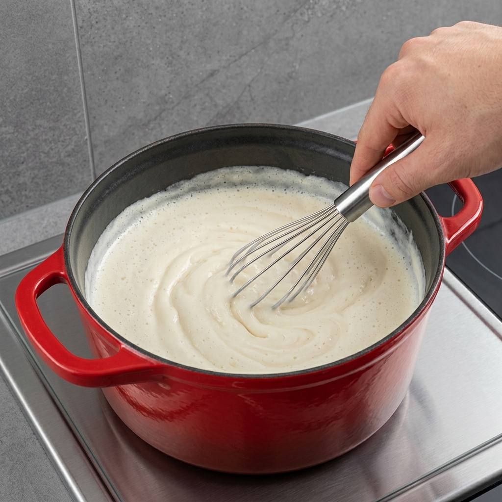 Rózga mieszająca pokrojony cheddar i tarty parmezan w kremowym sosie w czerwonym garnku.