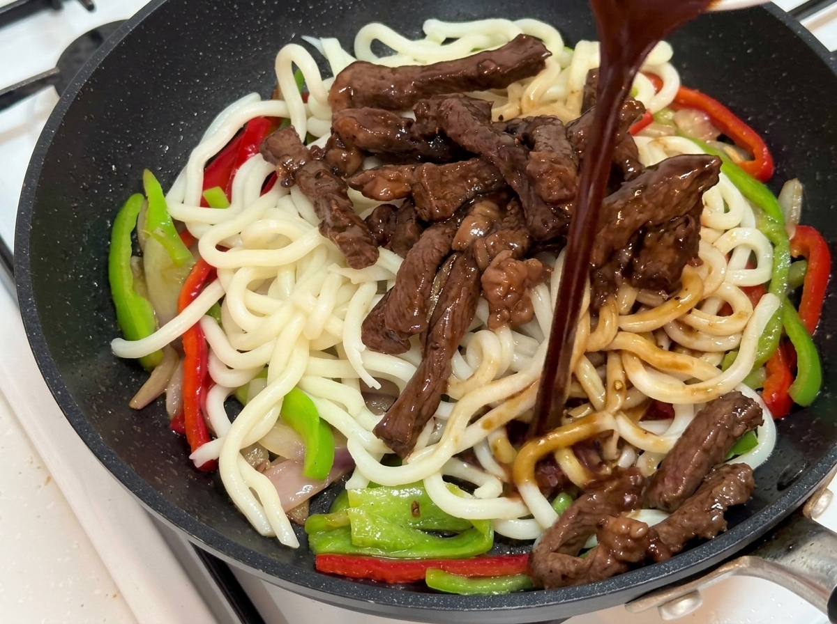 Sos pieprzowy wlewany na składniki stir-fry.