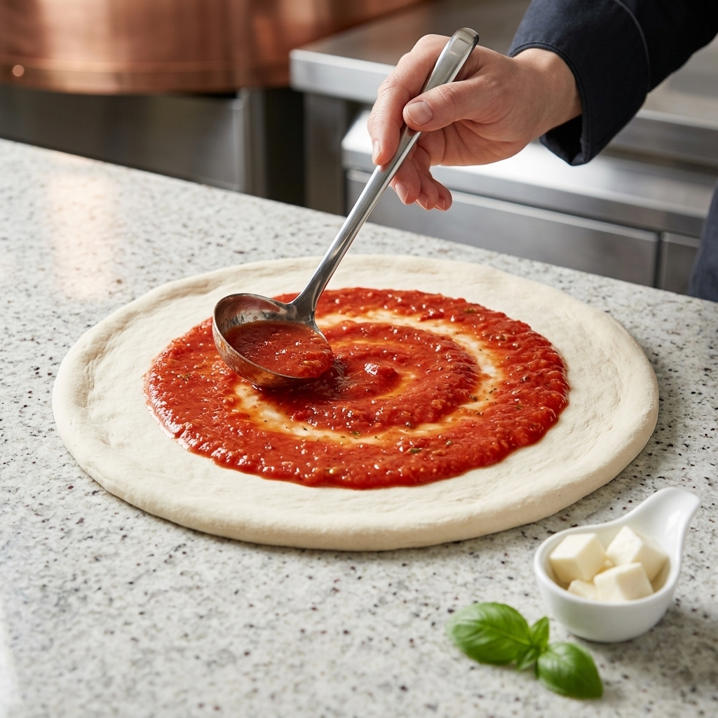 Sos pomidorowy rozprowadzany na okrągłym spodzie pizzy za pomocą chochli.