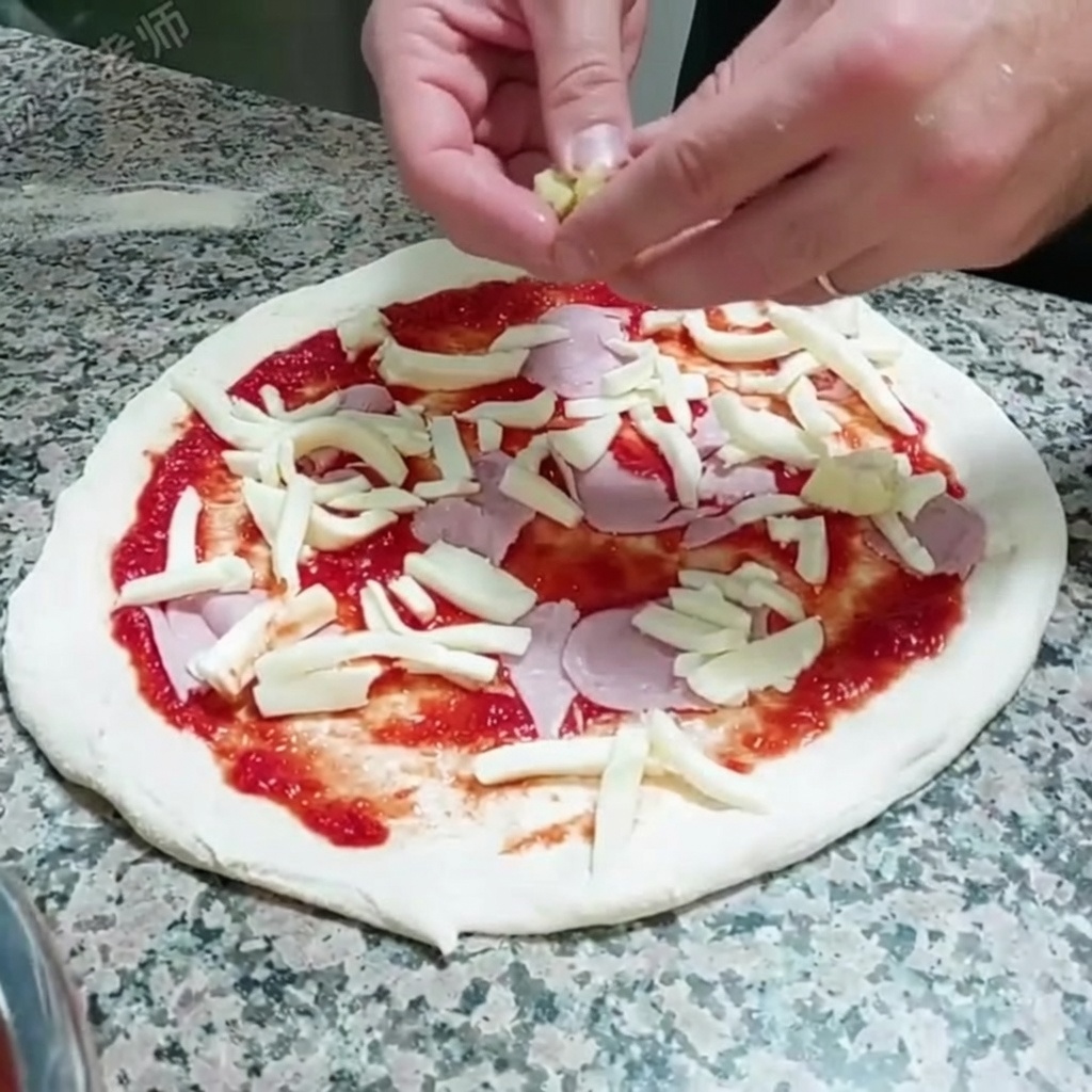 Kawałki serc karczocha układane na mozzarelli i szynce.