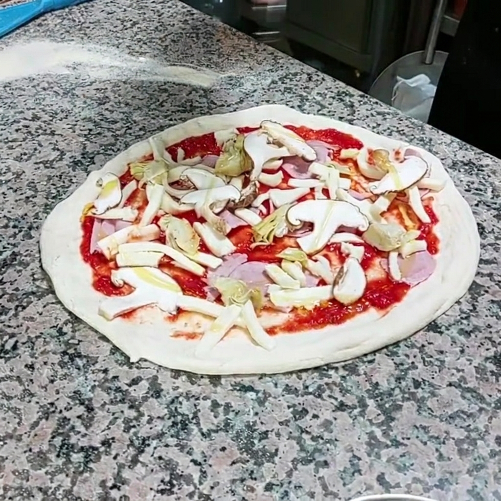 Oliwa z oliwek skrapiana cienkim strumieniem na wierzch pizzy.
