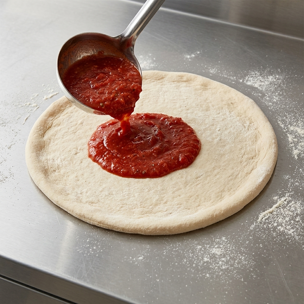 Chochla rozsmarowująca bogaty sos pomidorowy kolistym ruchem na surowym cieście do pizzy.