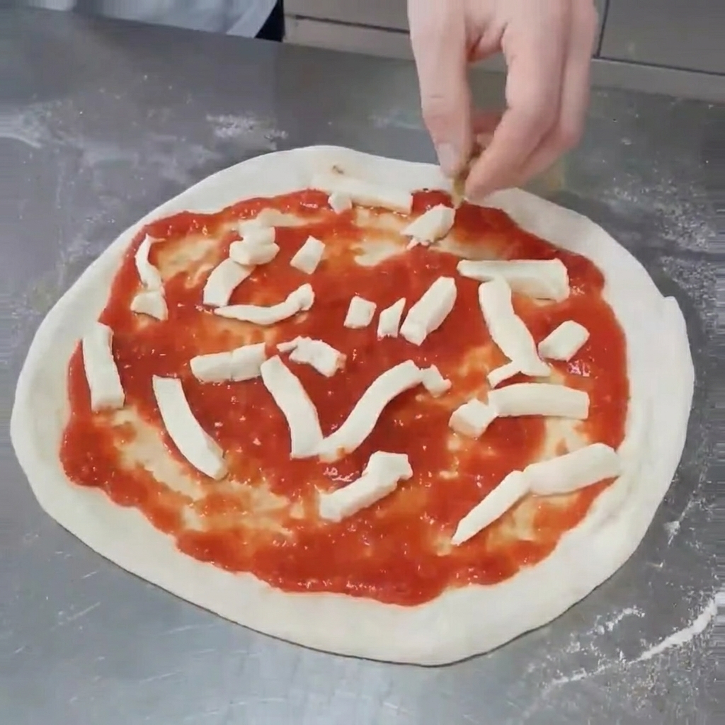 Połówki grillowanych karczochów ostrożnie układane na pizzy, rozmieszczone na mozzarelli i sosie.