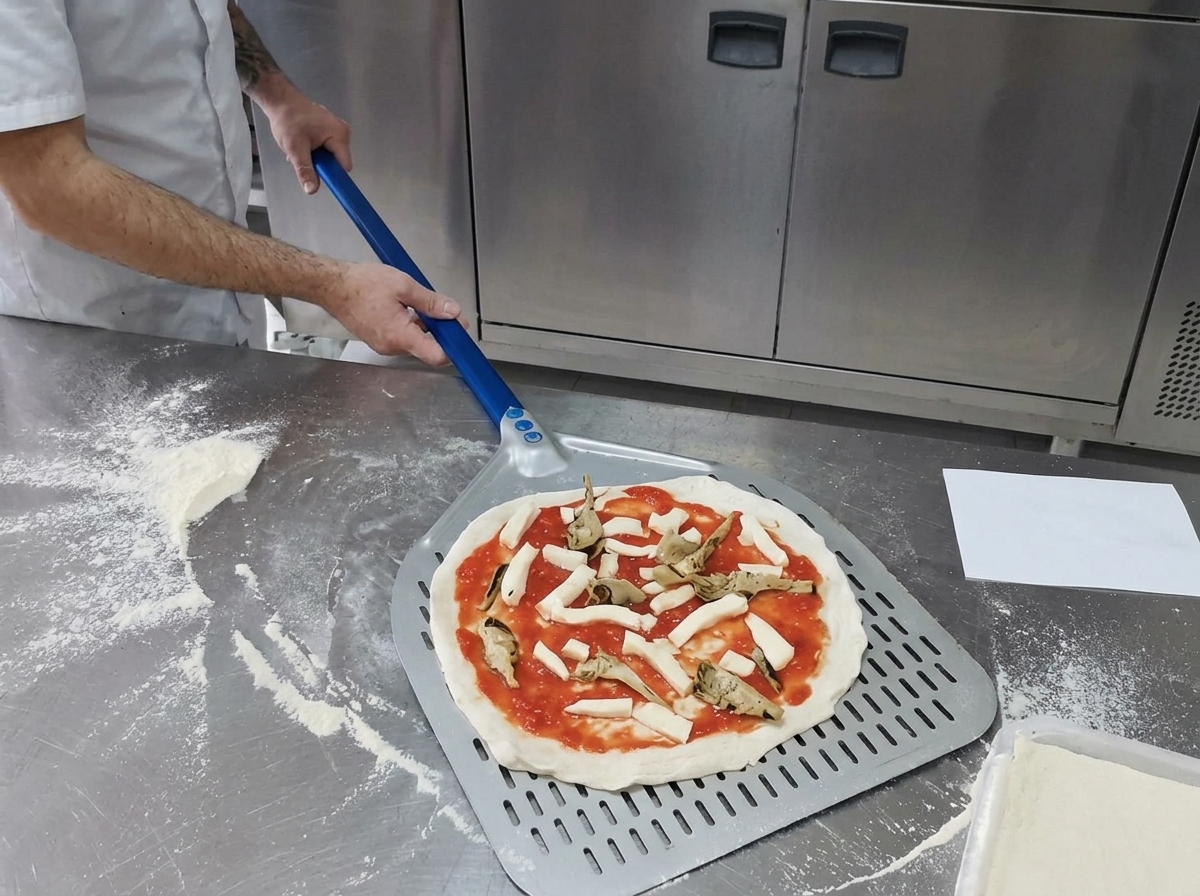 Metalowa łopata wsuwająca surową pizzę do gorącego profesjonalnego pieca do pizzy.