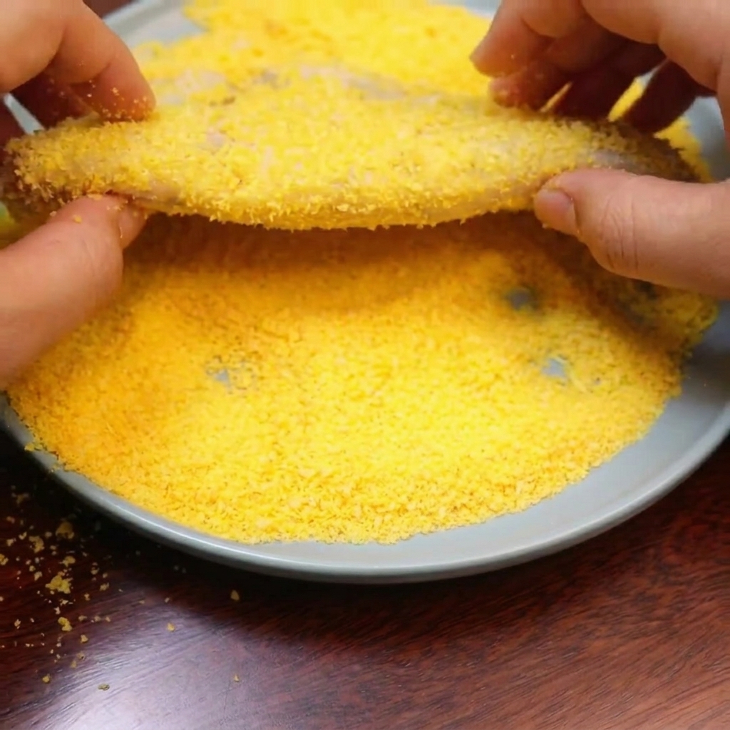 Panierowany kotlet z krewetek leżący w koszu air fryera wyłożonym papierem do pieczenia.