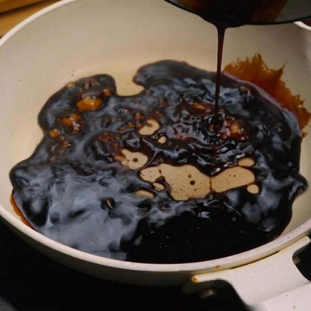 Składniki sosu teriyaki wlewane i mieszane na patelni.