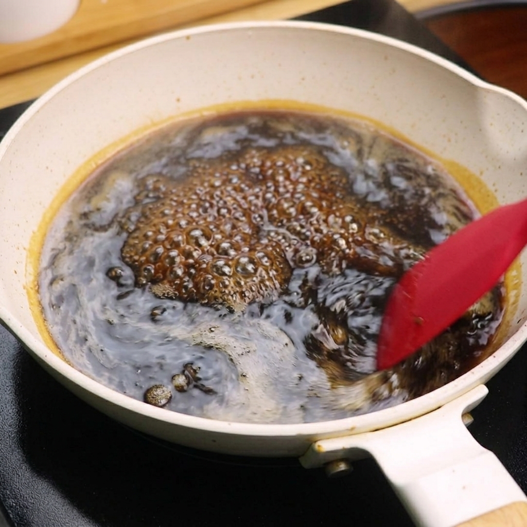 Sos teriyaki gotujący się i gęstniejący na patelni, mieszany szpatułką.