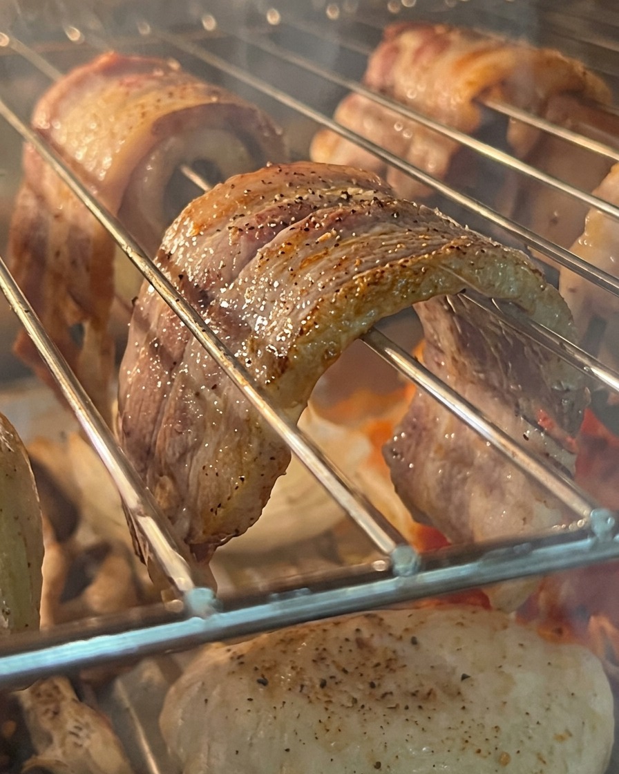 Chrupiący upieczony boczek krojony na mniejsze kawałki na talerzu za pomocą nożyc kuchennych.