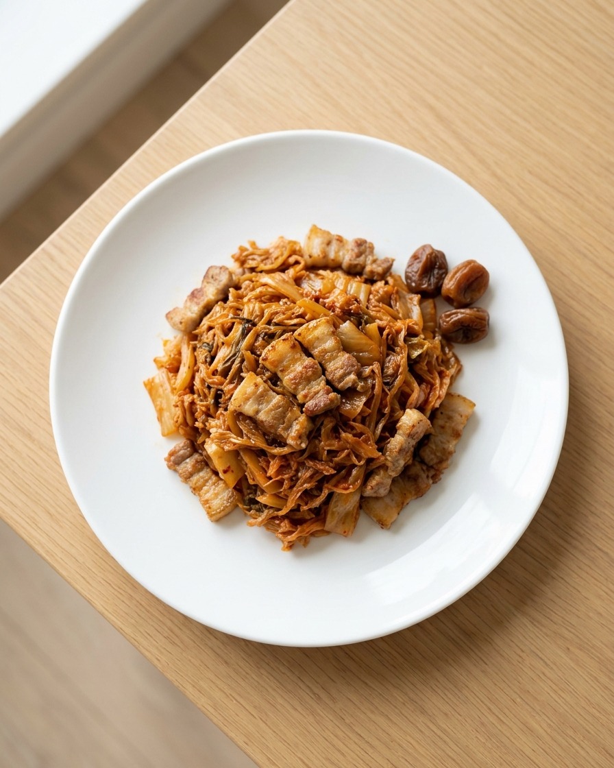 Ekstrakt ze śliwek skrapiany na mieszankę upieczonego kimchi i boczku na białym talerzu.