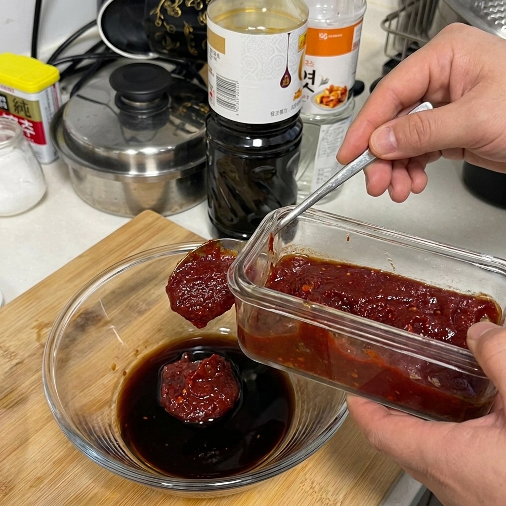 Łyżka gęstej czerwonej pasty chili trzymana nad miską z sosem sojowym.