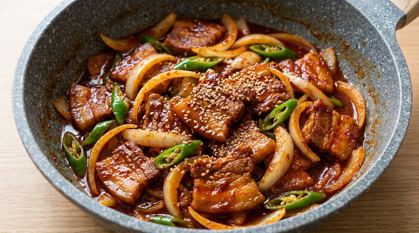 Koreański pikantny boczek wieprzowy smażony (Jeyuk Bokkeum)