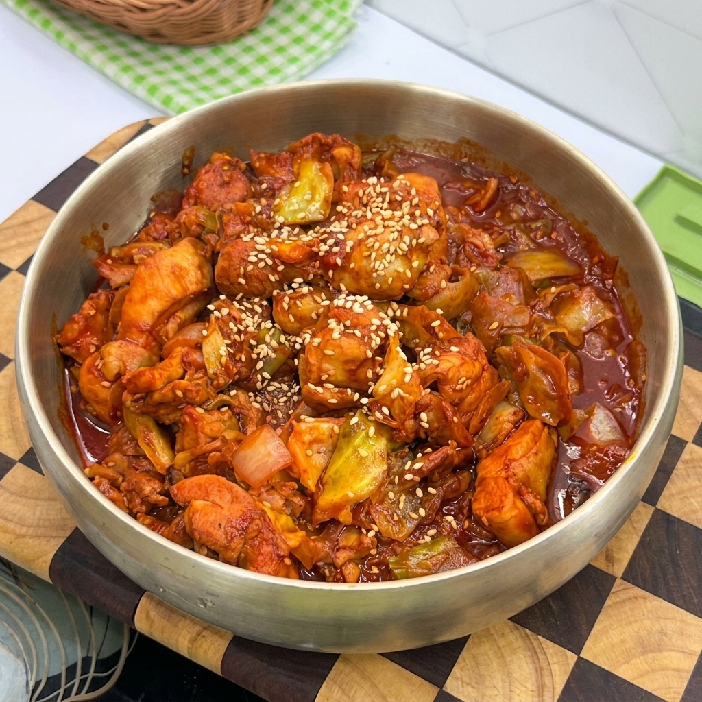 Pikantny stir-fry z kurczakiem, kapustą i cebulą smażony na patelni.
