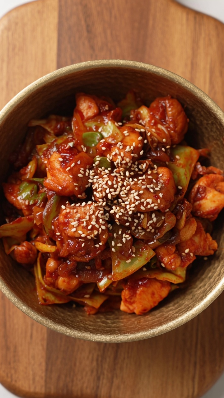 Złota miska wypełniona lśniącym, pikantnym koreańskim kurczakiem stir-fry z kapustą i posypką z sezamu.