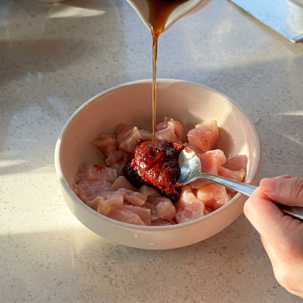 Koreańska pasta chili nakładana łyżką do miski z surowymi kawałkami kurczaka i ciemnym sosem.
