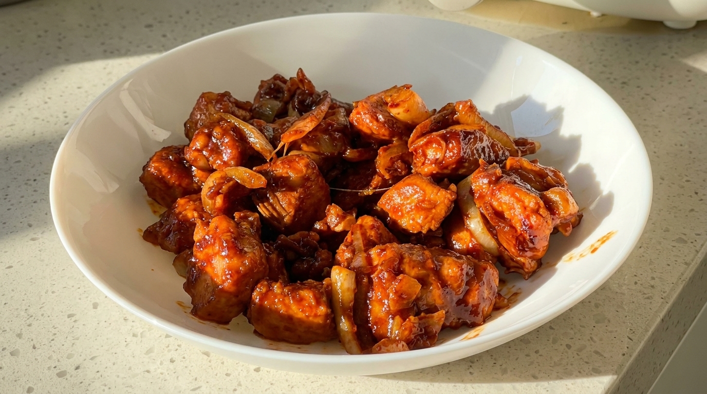 Talerz pełen pikantnej piersi z kurczaka w stylu koreańskim w lepkiej glazurze gochujang, gotowy do podania z ryżem.