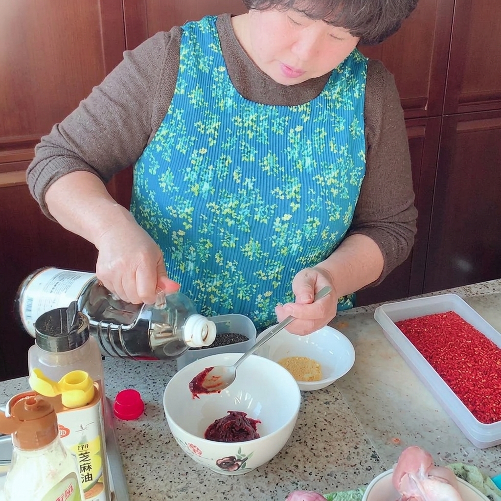Biała miska, w której czerwona pasta gochujang jest mieszana z resztą składników sosu za pomocą srebrnej łyżki.