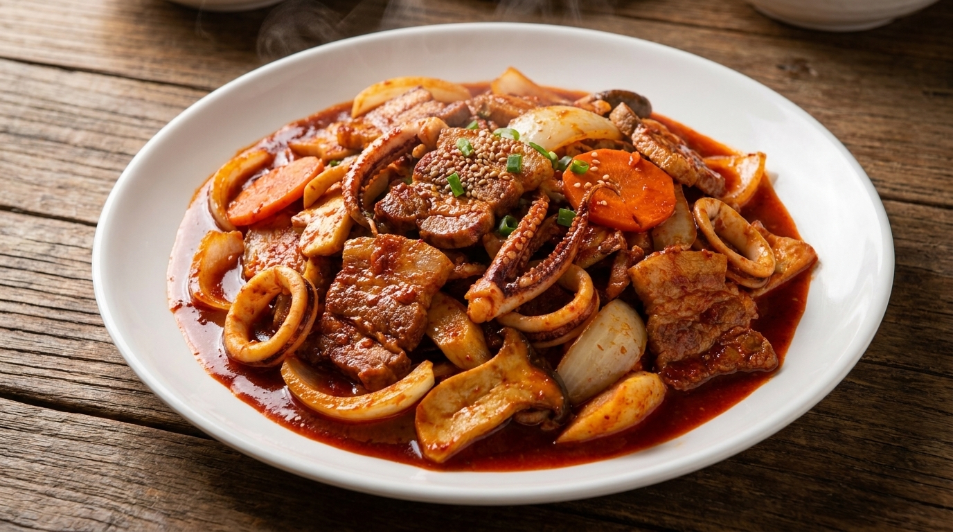 Pikantny boczek z kalmarami po koreańsku (Ojingeo Samgyeopsal Bokkeum)