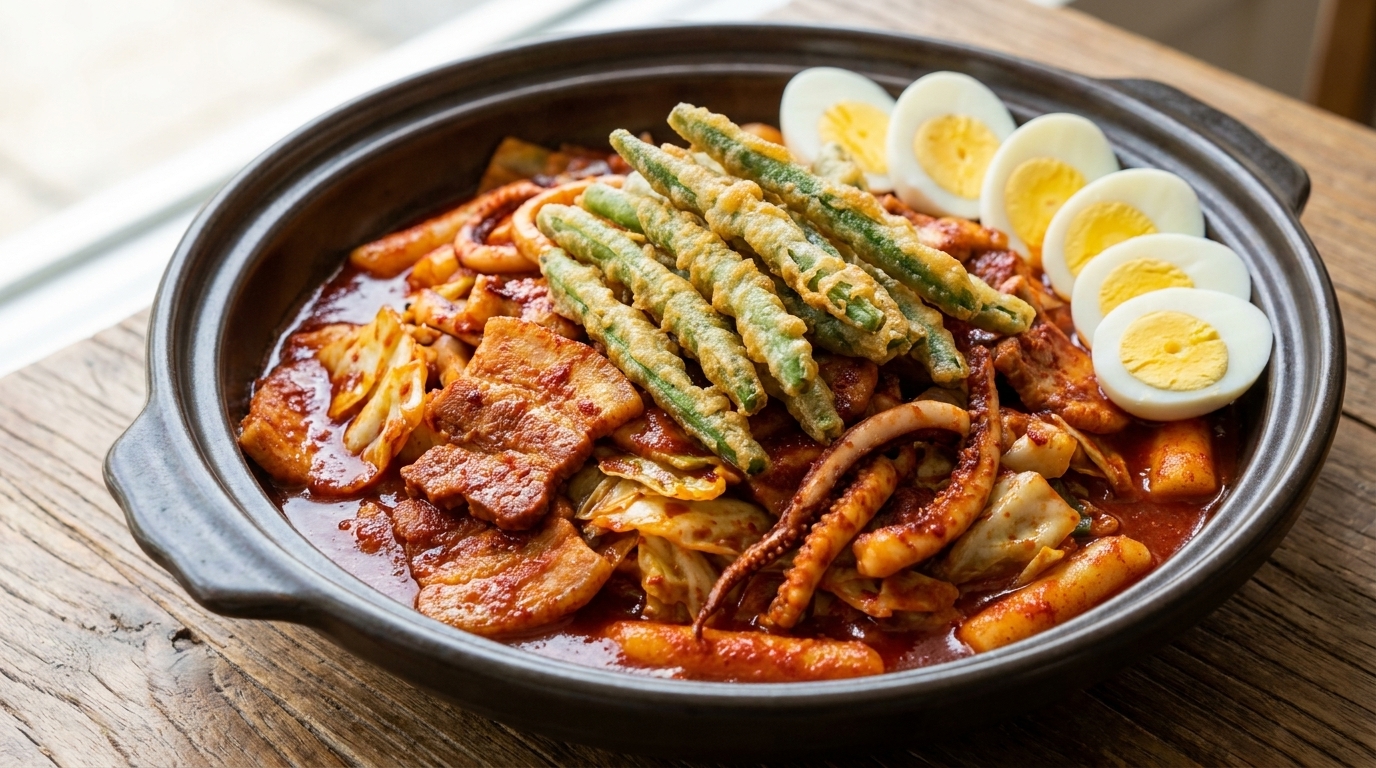 Ostre stir-fry z boczku i kalmarów (Ojingeo Samgyeopsal Bokkeum)