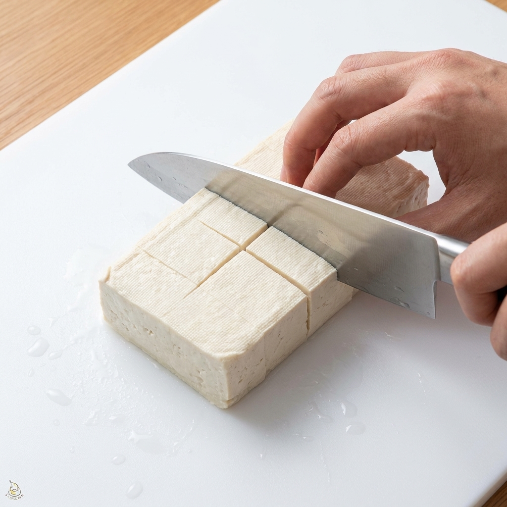 Kostka tofu krojona w równą kostkę na białej desce do krojenia.