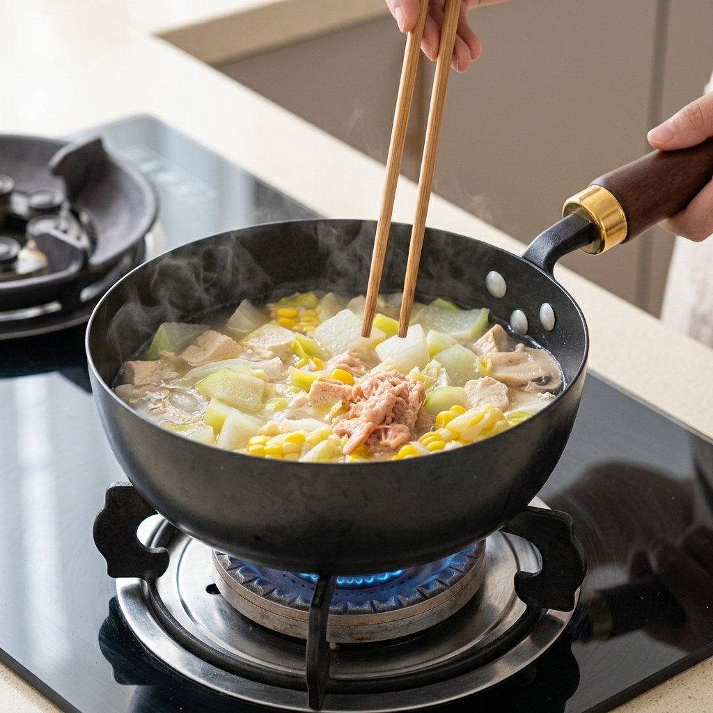 Czarny garnek na kuchence wypełniony tofu, warzywami i tuńczykiem z dodatkiem kimchi i chili w wywarze.