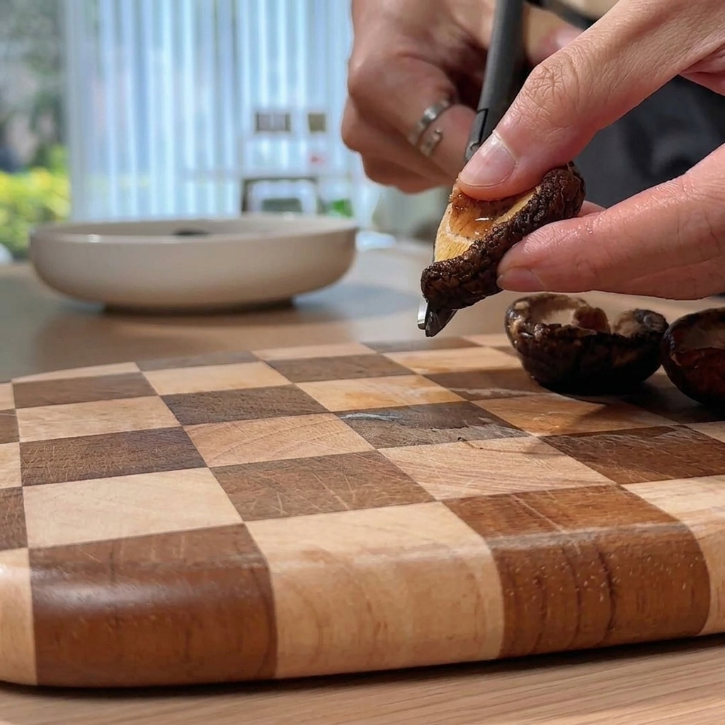 Para nożyczek kuchennych tnących namoczony grzyb shiitake na drewnianej desce do krojenia.