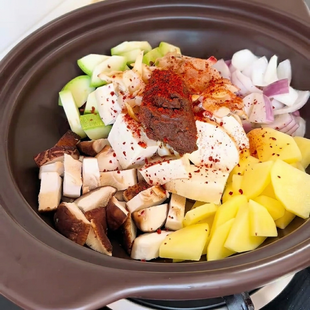 Chili w proszku i przyprawa wołowa posypywane na wierzch składników.