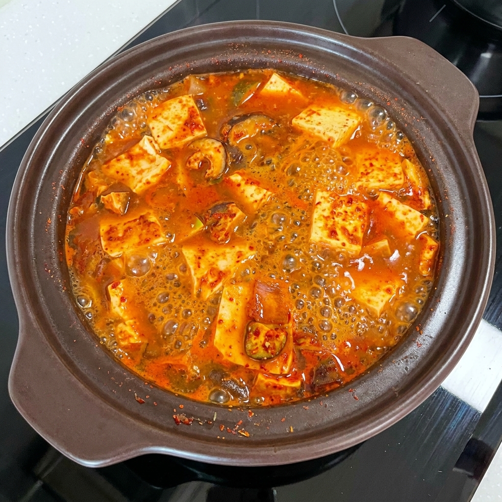 Kapusta bok choy oraz plastry chili dodawane do bulgoczącego gulaszu.