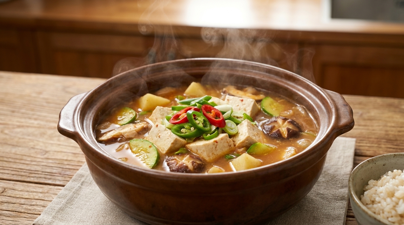 Tradycyjne koreańskie Doenjang-jjigae (Gulasz z pasty sojowej)