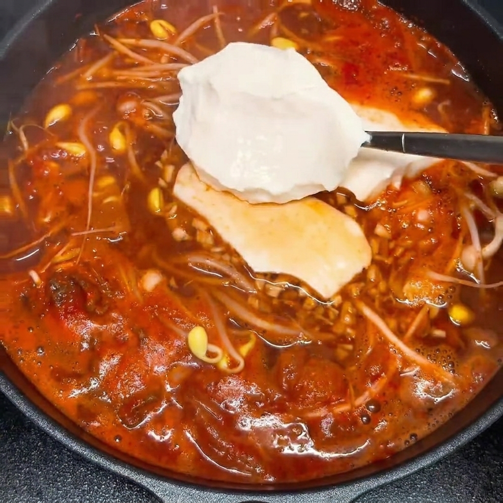 Duży kawałek miękkiego tofu wkładany do gotującej się zupy.