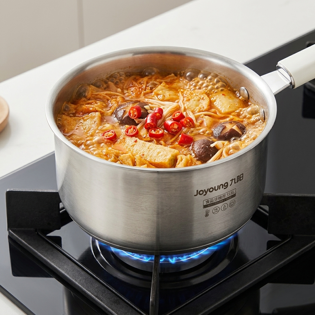 Świeże kawałki czerwonego chili posypywane na wierzch gotowej zupy kimchi.