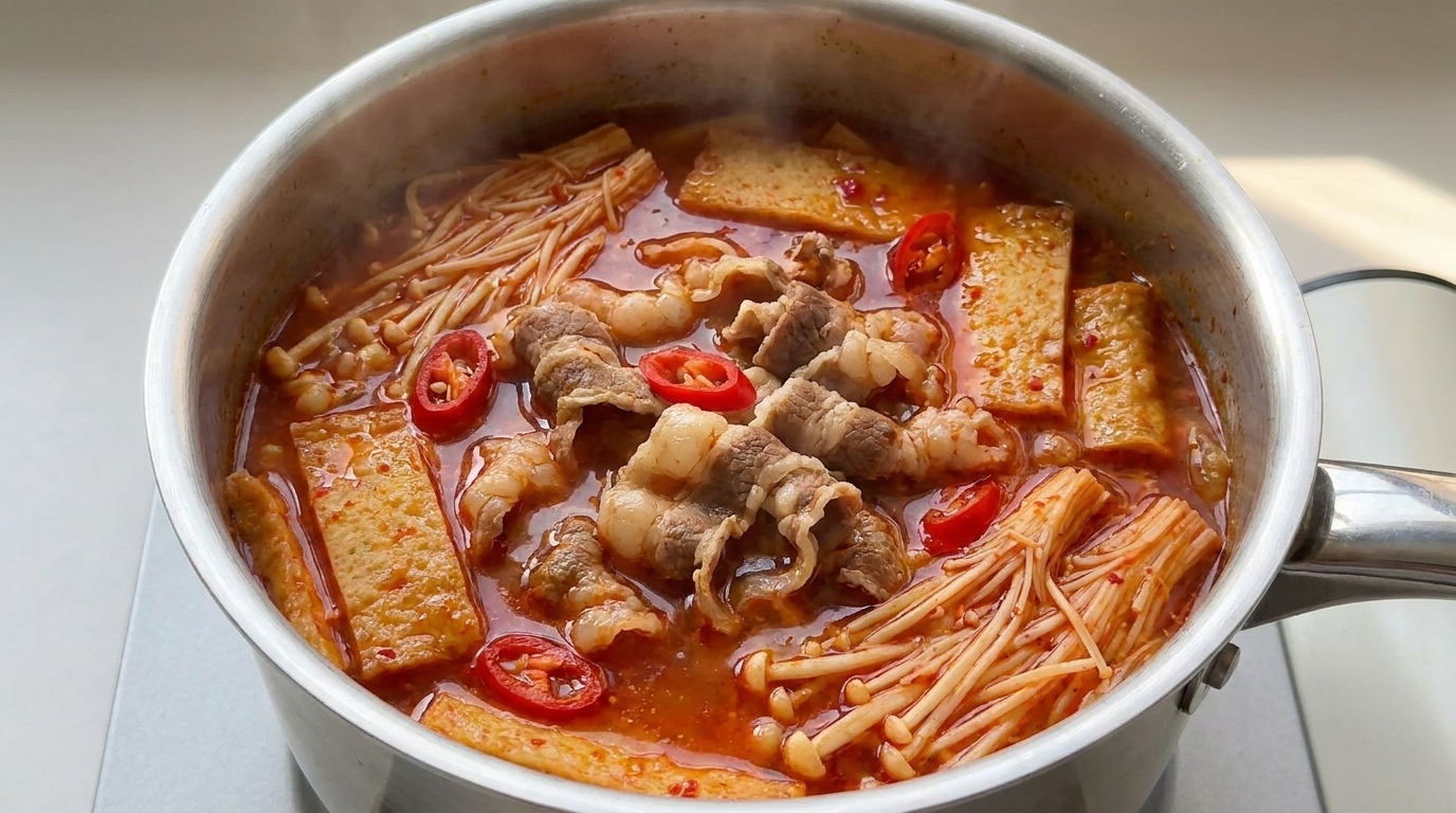 Koreańska zupa kimchi z wołowiną i grzybami enoki