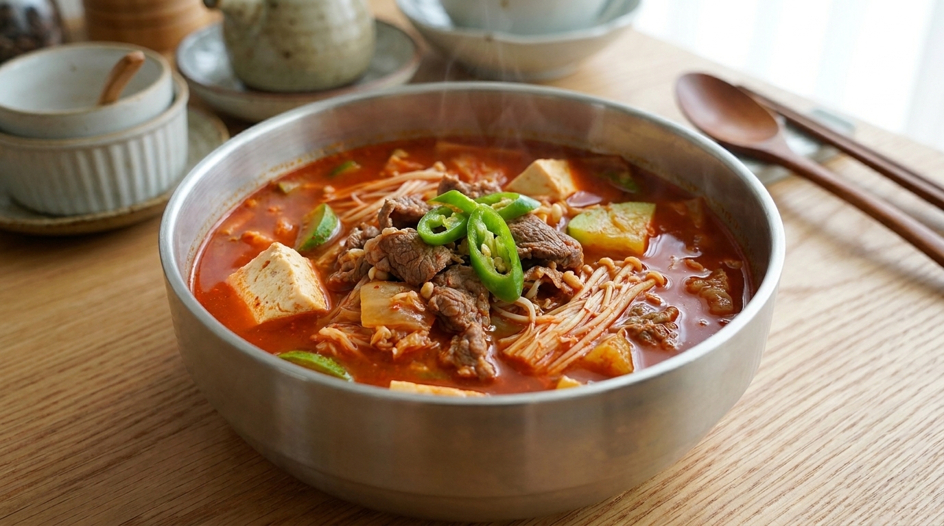 Koreański gulasz z kimchi, wołowiną i tofu (Kimchi Jjigae)