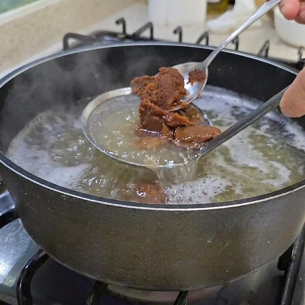 Dwie łyżki gęstej, brązowej koreańskiej pasty sojowej mieszane w garnku z czystym bulionem.