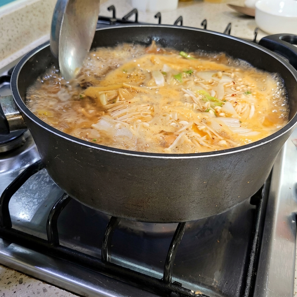 Chochla używana do ostrożnego usuwania piany z powierzchni bulgoczącego Doenjang Jjigae.