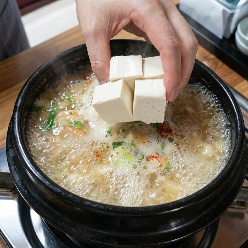 Plasterki miękkiego tofu ostrożnie dodawane do buzującego gulaszu.