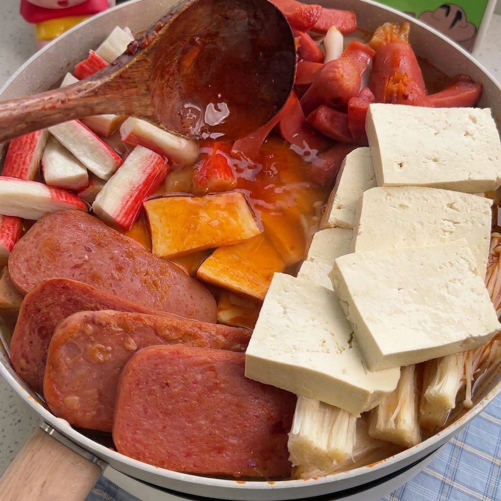 Drewniana łyżka wlewająca mieszankę soku z kimchi i sosu sojowego nad składnikami.
