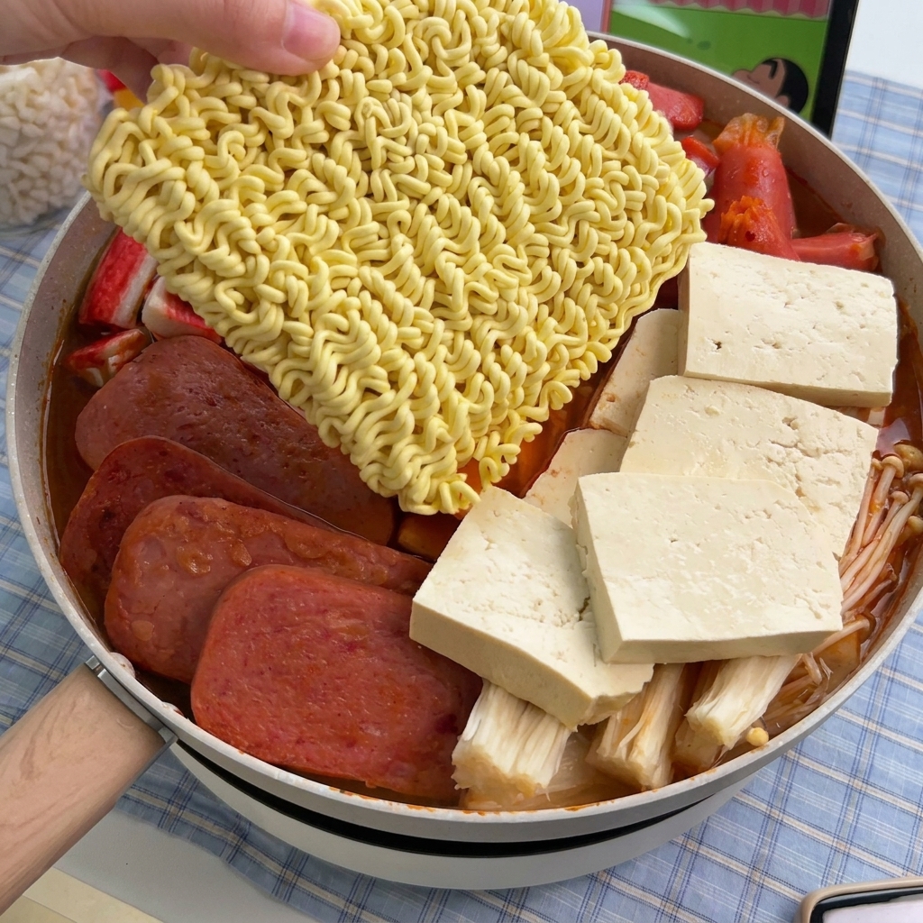 Ręka umieszczająca kostkę suchego makaronu instant na środku patelni.