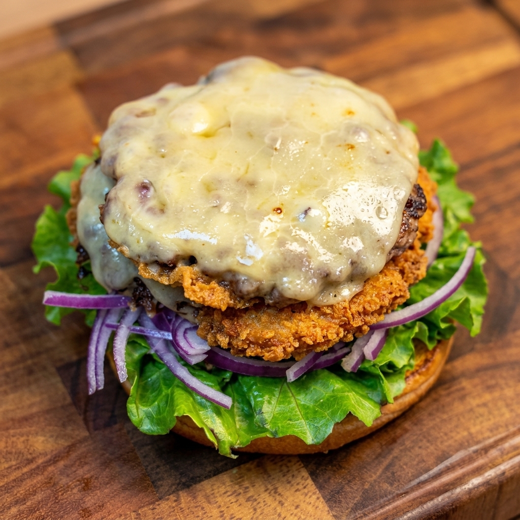 Soczysty kotlet z roztopionym serem kładziony na stos burgerowy.