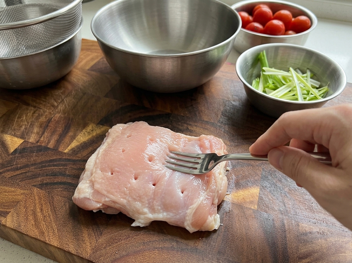 Kawałki kurczaka w metalowej misce z imbirem, dymką, sosem sojowym, miodem i chili w proszku.